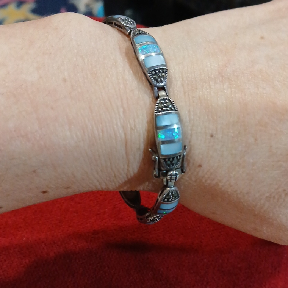 💙 Sterling Silver Marcasite & Blue Opal Bracelet Elegant Vintage Glam 8"
